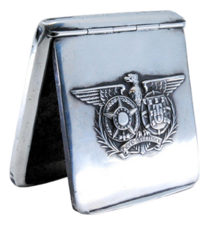 Plain Silver Cigarette Case with Raised Portuguese Aviation Symbol and Hinged Lid