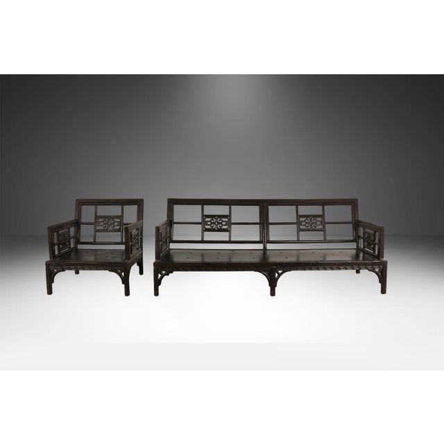Wood Vintage Chinese Chinoiserie Fretwork Sofa and Armchair Settee 2 Pieces For Sale - Image 7 of 14