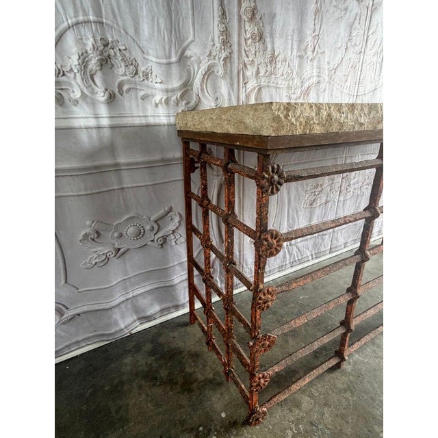 Mid 20th Century Rustic Console Table With Textured Stone Top and Hand-Forged Iron Base For Sale - Image 5 of 18