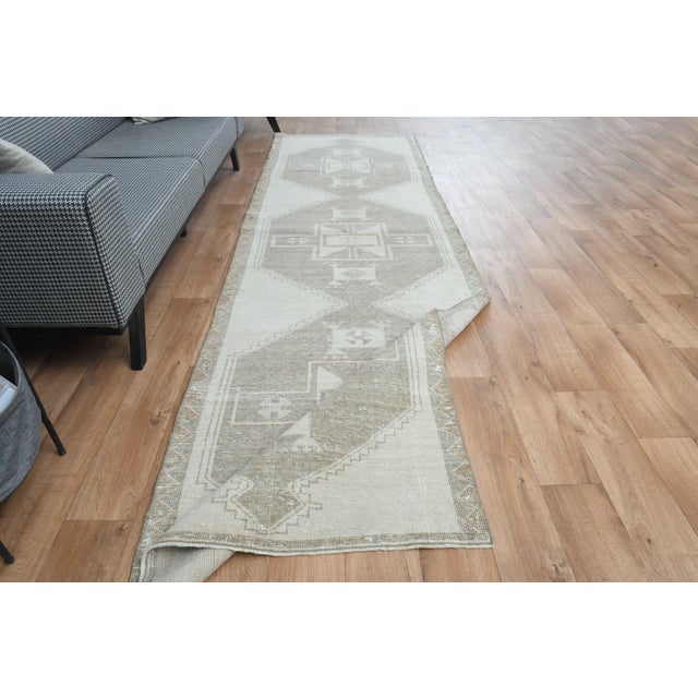 Textile 1970s Vintage Turkish Handmade Wool Cotton Beige Runner Rug For Sale - Image 7 of 10