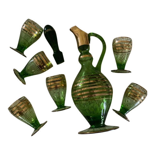 Vintage Made in Roumania Green and Gold Gilded Glass Decanter and Glassware Set For Sale