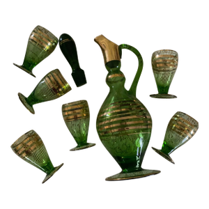 Vintage Made in Roumania Green and Gold Gilded Glass Decanter and Glassware Set