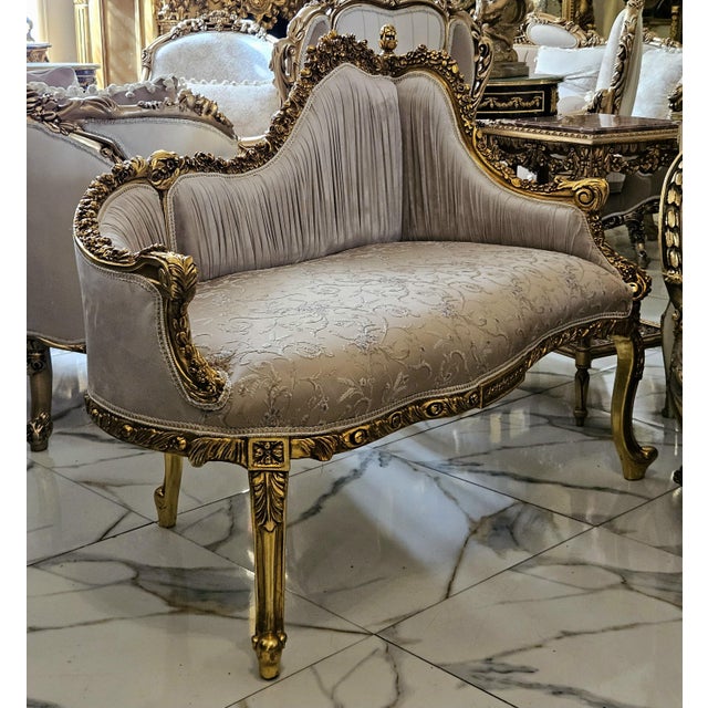 French Rococo Style Settee Sofa – Beige Embroidered Upholstery With Ornate Gold Leaf Frame For Sale - Image 4 of 5