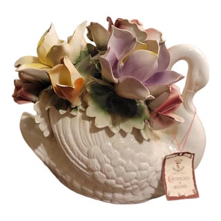 Vintage Capodimonte Porcelain Swan Floral Centerpiece Made in Italy W/ Original Tag For Sale