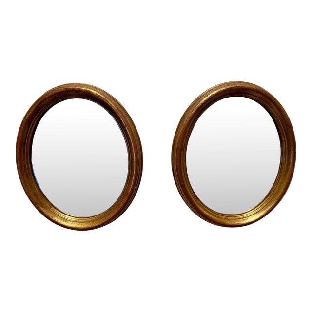 Pair of Italian Gilt Oval Mirrors, Hollywood Regency Style, 1960s For Sale