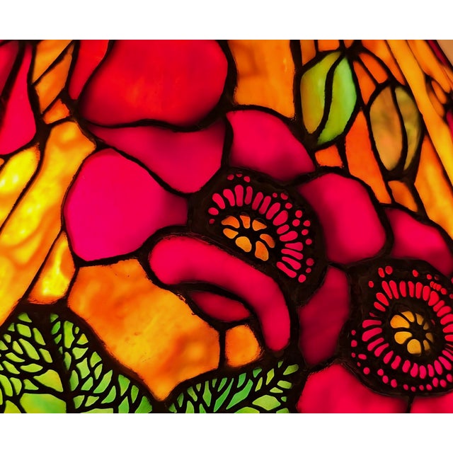 Mid 20th Century Mid 20th Century Tiffany Studios Style Signed Stained Leaded Glass Lamp Shade Poppy Flowers For Sale - Image 5 of 9