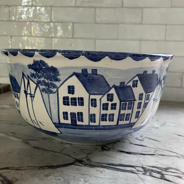 Beautiful and heavy large handpainted bowl by SHARD. A blue and white scene along the outside of the bowl features a...