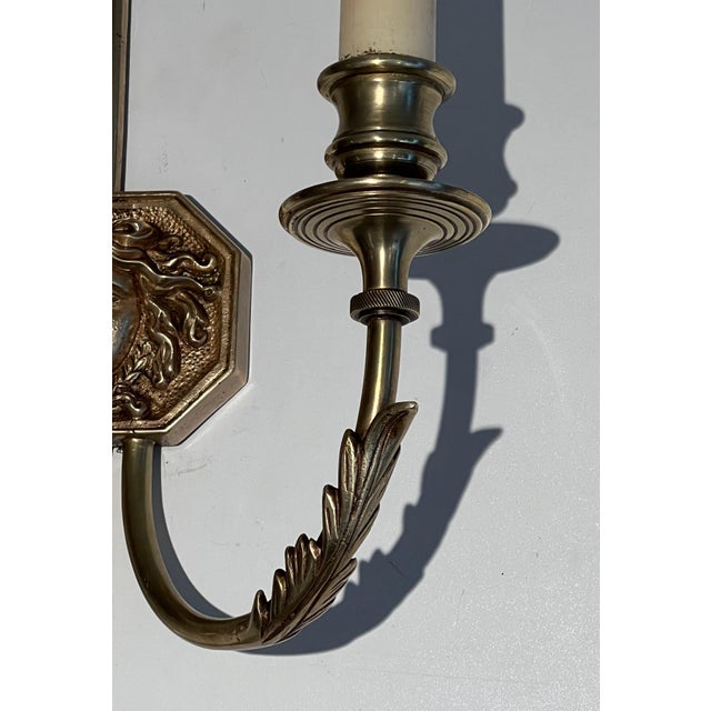 Metal 1950s bronze wall sconces with Arrows and Effigy of the Sun King by Louis Gau - a Pair For Sale - Image 7 of 12