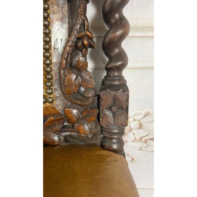Set of 6 Antique Jacobean Hunt Chairs in Heavily Carved Oak With Cognac Leather For Sale - Image 9 of 18