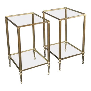 French Modern Rectangular Two-Tiered Side Tables of Brass and Glass For Sale