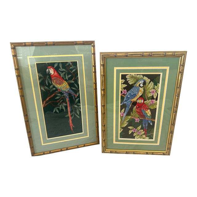 Vintage Pair of Macaw Needlepoint Framed Pictures For Sale