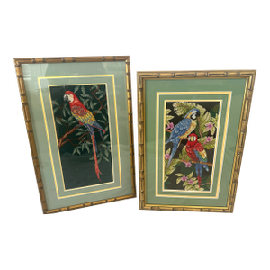 Vintage Pair of Macaw Needlepoint Framed Pictures