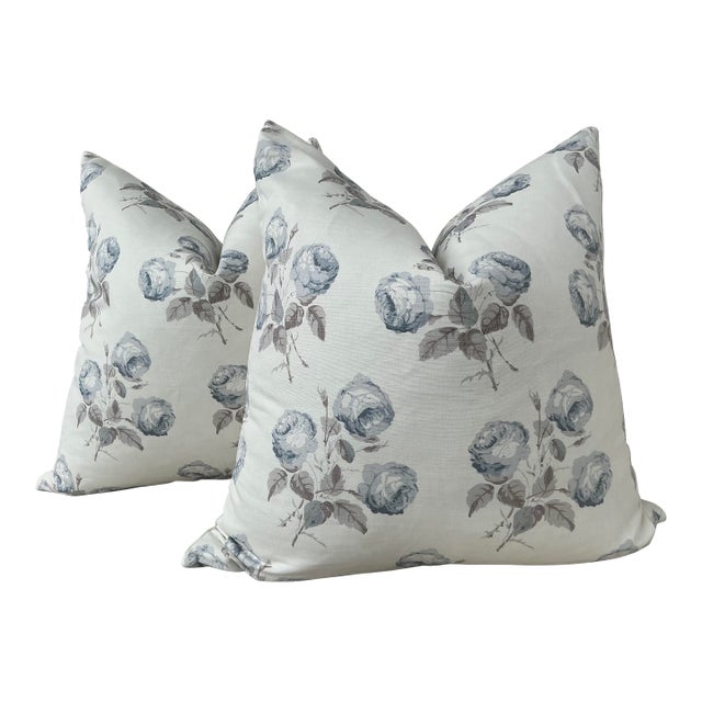Colefax & Fowler Classic "Bowood" Floral Blue and Grey 22" Pillows - A Pair For Sale