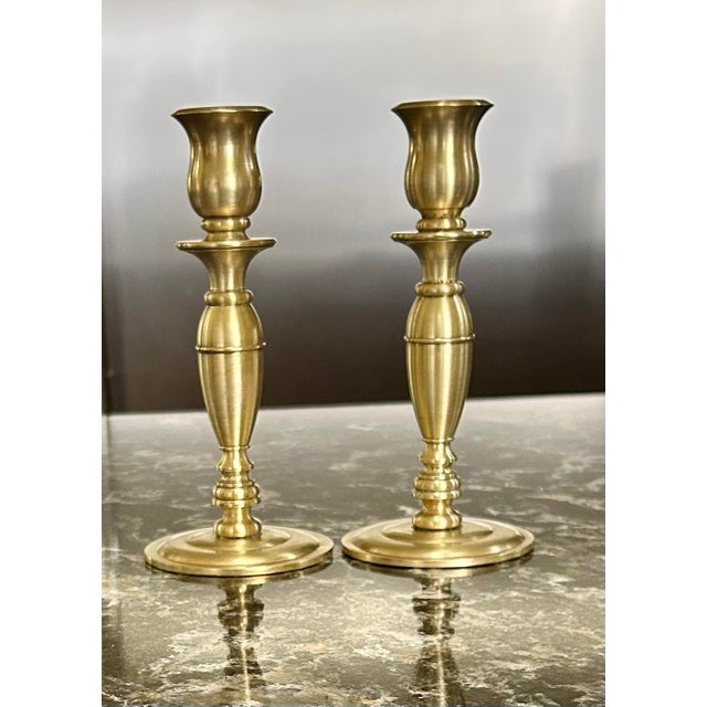 Vintage Pair of Heavy, Brass Candle Stick Holders For Sale - Image 4 of 6