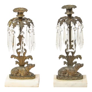 Antique Brass Spaniel Dog Candle Holders With Marble Base and Crystals For Sale