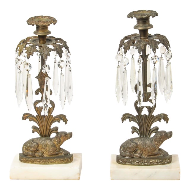 Antique Brass Spaniel Dog Candle Holders With Marble Base and Crystals For Sale