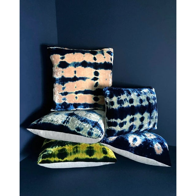 Rousseau Hand Dyed Silk Velvet Pillow, Rose Pink & Indigo Blue Pleat Abstract Pattern For Sale - Image 9 of 11