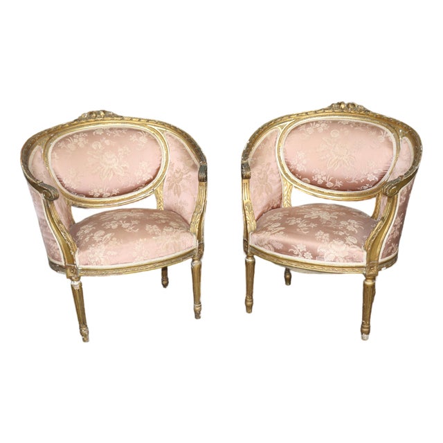 Fantastic Pair of Giltwood Corbeille Form French Louis XVI Salon Bergere Chairs For Sale