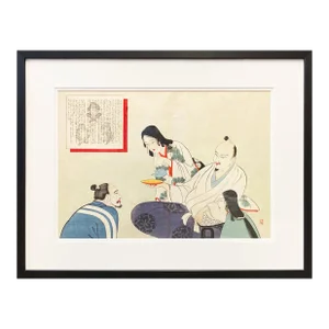 19th Century Japanese Woodblock Print Depicting Monks Having Tea, in Black Frame