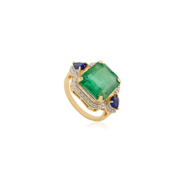 6.53 Carat Emerald Sapphire & Diamond 14k Gold Vintage Statement Ring Size 9 For Sale - Image 4 of 17
