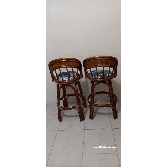 Coastal 1990s Wicker Bamboo Counter Stool Swivel Set of 2 For Sale - Image 3 of 6