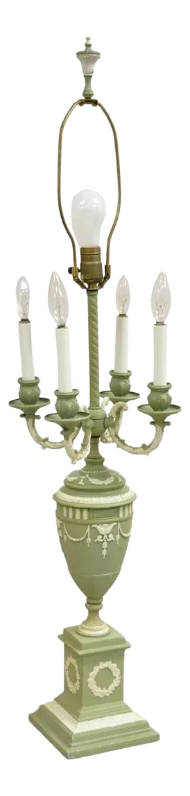 Vintage Italian Neoclassical Style Green Painted Metal Urn Candelabra Table Lamp