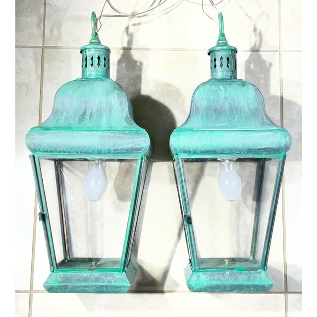 Pair of Vintage Solid Brass Hanging Lanterns. 20”.5 H X 8”.5w X 8”.5 W For Sale - Image 15 of 17