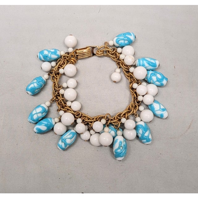 Vintage Napier Book Piece Goldtone Blue & Turquoise Art Glass Charm Bracelet, 1967 For Sale - Image 12 of 15