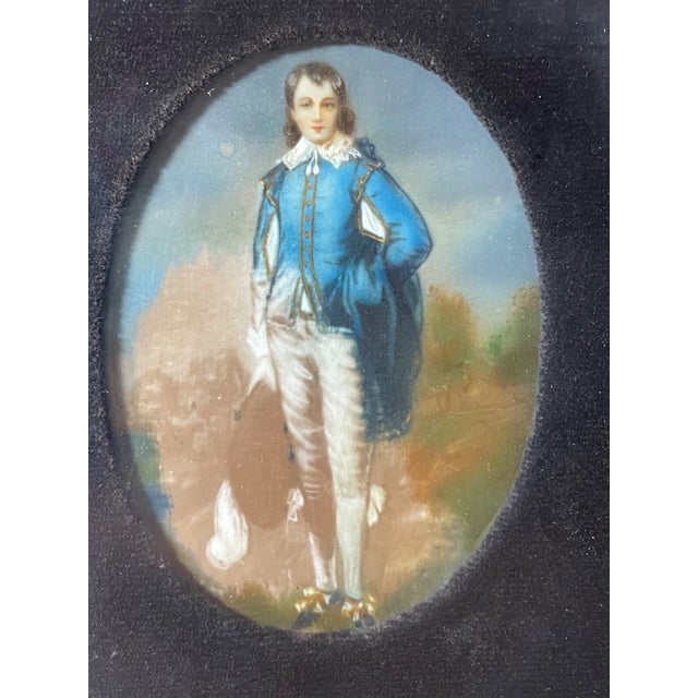 Textile Antique 1800's Miniature Mini Original Painting Portrait the Blue Boy Original For Sale - Image 7 of 10
