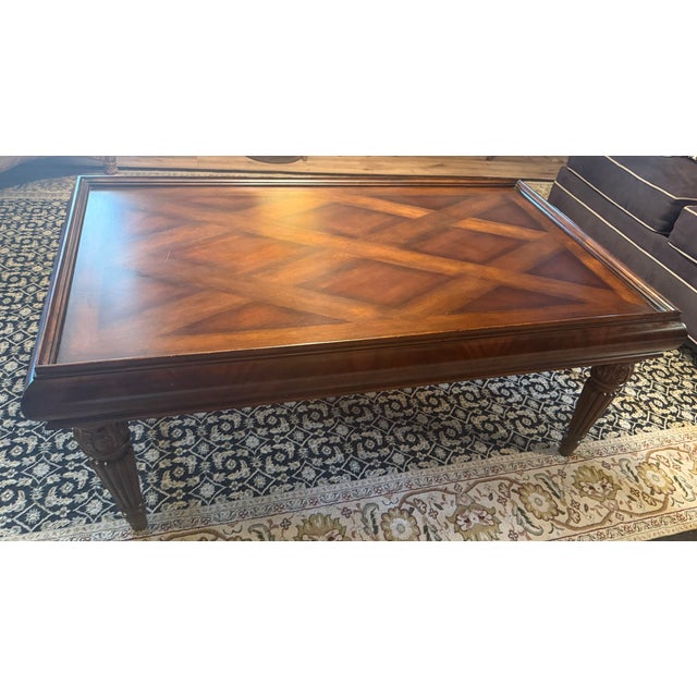 Vintage Regency Style Mahogany Parquetry Coffee Table With Flame Mahogany Apron For Sale - Image 6 of 15