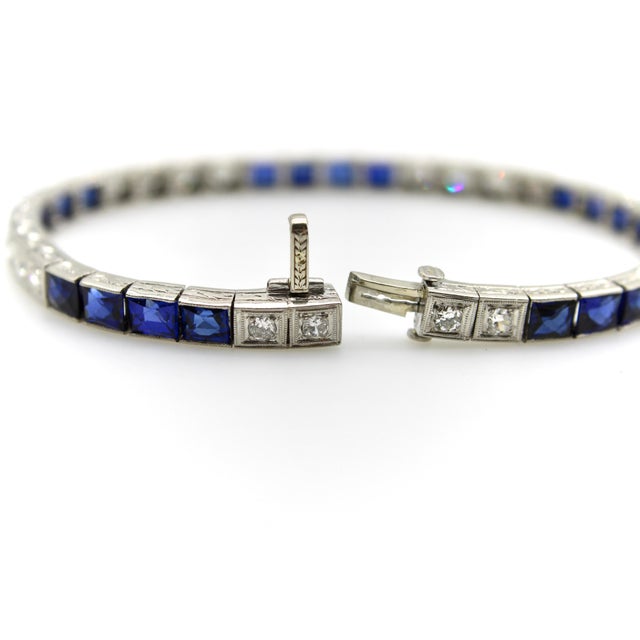 Art Deco Diamond and Sapphire Platinum Line Bracelet For Sale - Image 4 of 10
