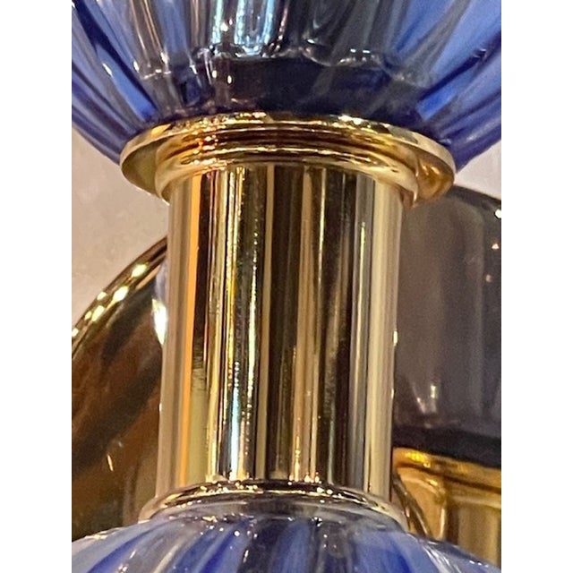 Contemporary Murano Blue Glass and Brass Sconces - a Pair For Sale - Image 4 of 7