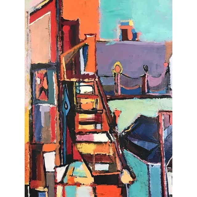 Mid Century Modern Abstract Cubist Cityscape Oil Painting by Robert Kaupelis For Sale - Image 4 of 7