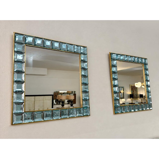 Handmade Aqua-Blue Murano Glass Cube Mirrors with Brass Frame, 2000s, Set of 2 For Sale - Image 3 of 11