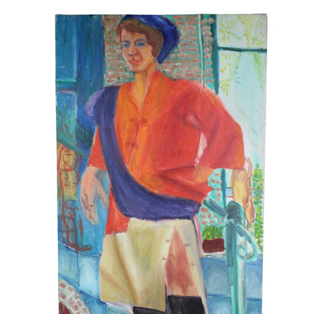 Fabulous and colorful oil painting. Features a portrait of a tall fashionable young woman, wearing a blue hat, blue sash...