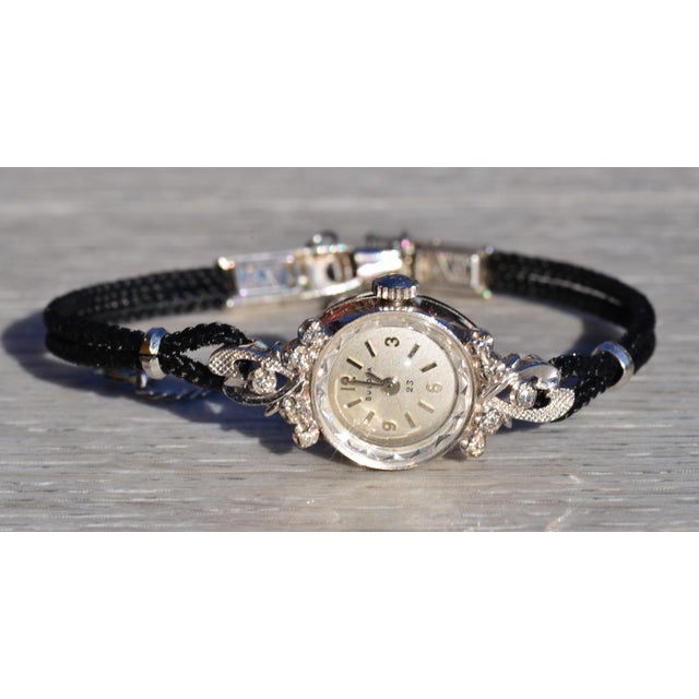 Contemporary Mid 20th Century Ladies 14K White Gold Bulova Watch set with Diamonds For Sale - Image 3 of 6