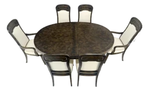 Mastercraft Dark Burl Walnut Oval Leaves Dining Table & 6 Chairs Set