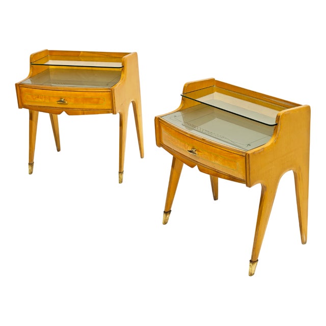 Italian Maple and Glass Bedside Tables, 1950s, Set of 2 For Sale