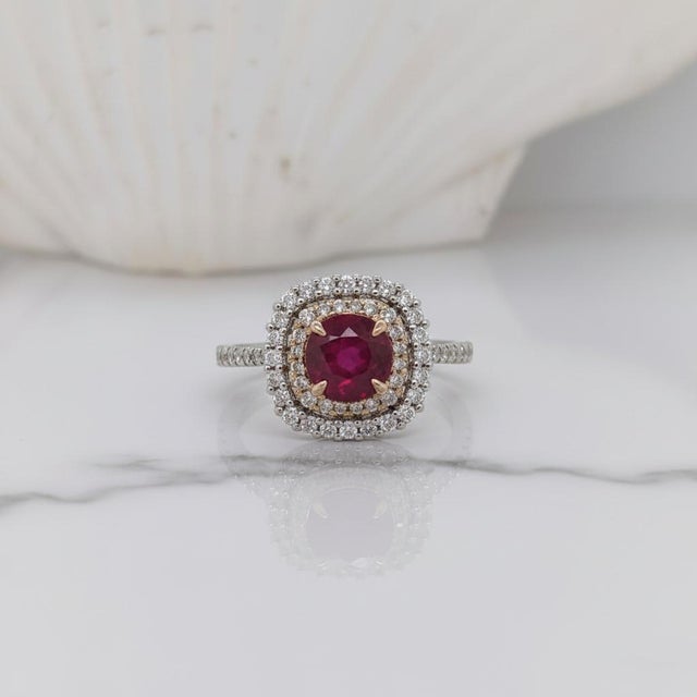 2020s Statement Ruby Ring With a Double Halo of Diamonds: Solid 14k Gold, 6mm, Size 6.75 For Sale - Image 5 of 9