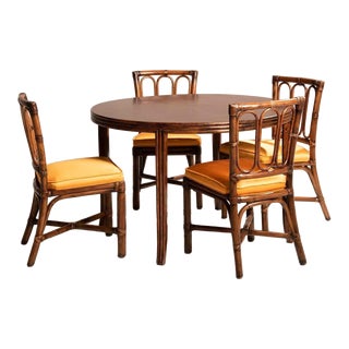 Wood Extendable Round Table and Rattan Chairs from Mc Guire, 1970s, Set of 5 For Sale