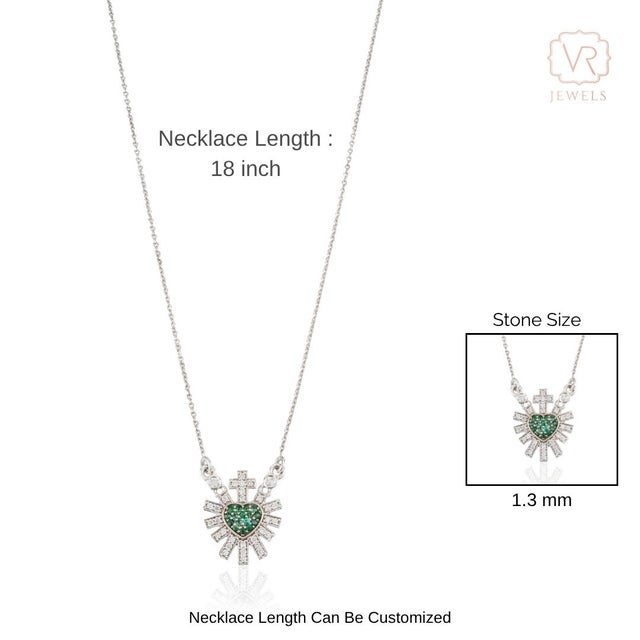 Celestial 14k White Gold Emerald Diamond Sacred Heart Cross Pendant Necklace For Sale - Image 11 of 15