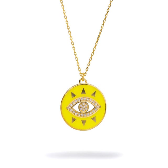 Metal Cheerful Neon Yellow Evil Eye & Diamond Pendant Gold Chain Necklace For Sale - Image 7 of 7