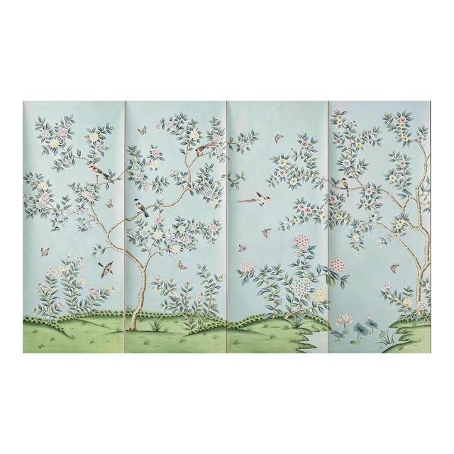 Hand Painted Chinoiserie Wallpaper Mural With Floral Branches, Birds and Botanical Garden Scene For Sale