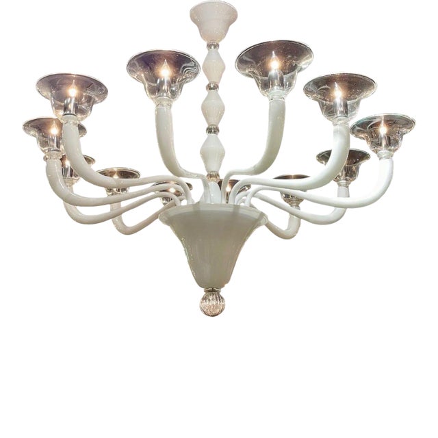 Modern White & Clear Murano Glass Chandelier For Sale