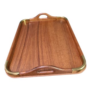 Vintage Mid-Century Modern "Good Wood" Teak Brass Detail Serving Tray For Sale
