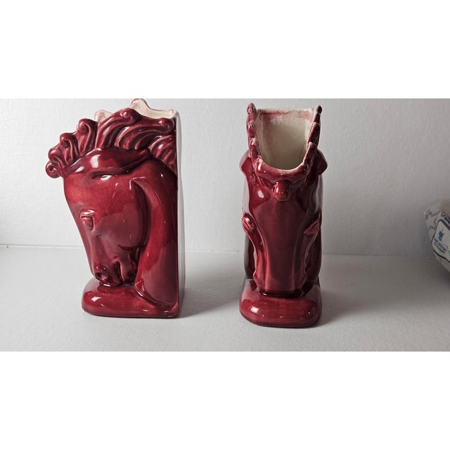 Mid-Century Modern Vintage Royal Haeger Burgundy Ceramic Horse Head Bookend Planters — Pair For Sale - Image 3 of 18