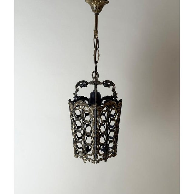 Hollywood Regency European Hollywood Regency Patinated Brass Openwork Lantern Pendant Light, 1970s For Sale - Image 3 of 17
