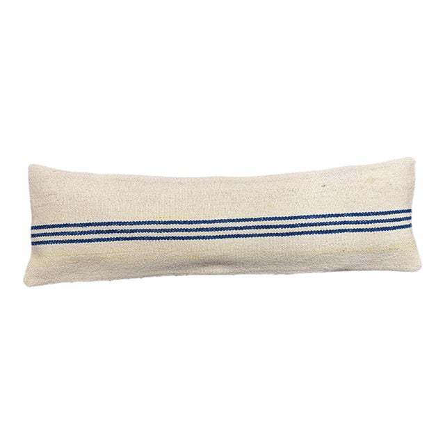 Turkish Hemp Pillow Cushion Natural Beige Blue Cushion Cover 14"x45" For Sale