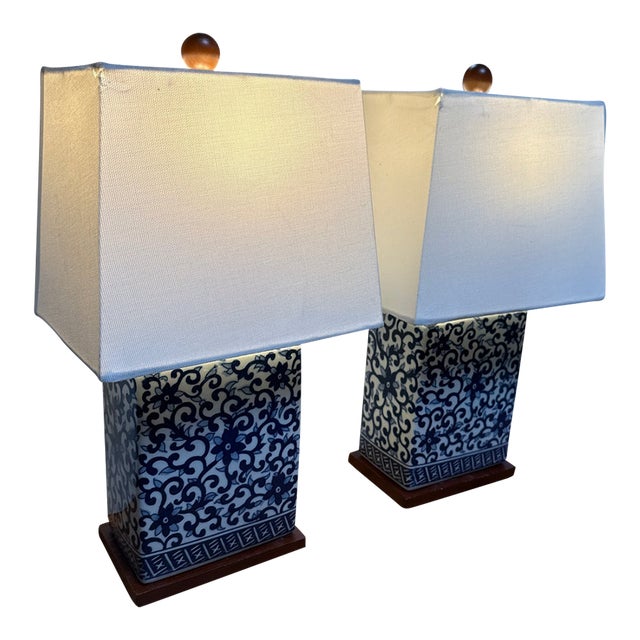 Chinoiserie Ralph Lauren Blue + White Table Lamps, Pair For Sale