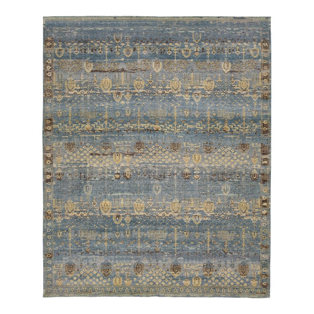 Modern Transitional Khotan Style Blue Wool Area Rug 12x15 For Sale